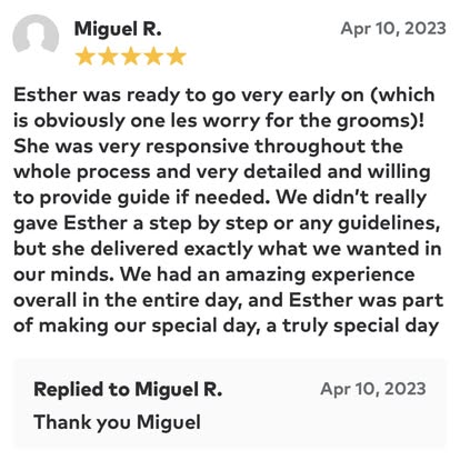 A review shared by Esther, shown in the original supplied screenshot