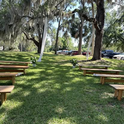 Wooden ceremony benches beneath moss-draped trees