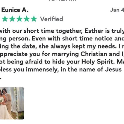 A review shared by Esther, shown in the original supplied screenshot